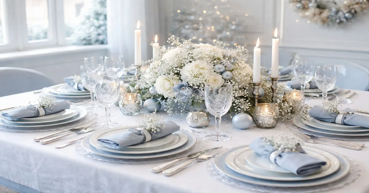 Azul e branco para mesa de ano novo serena e sofisticada