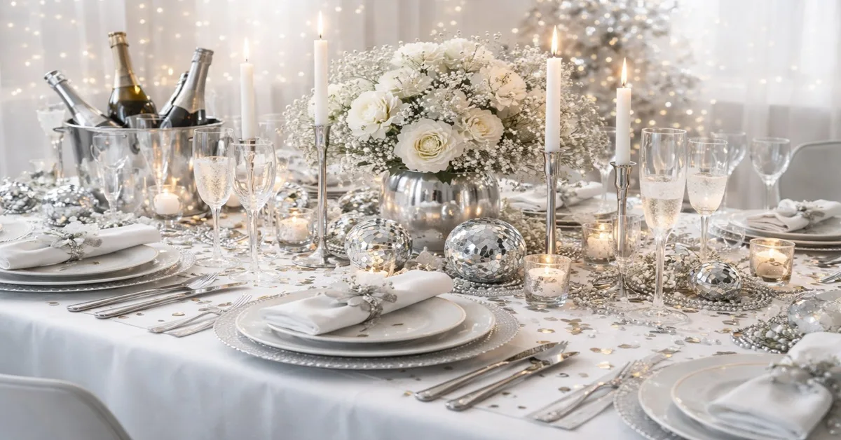 Combinação branco e dourado para mesa de ano novo sofisticada