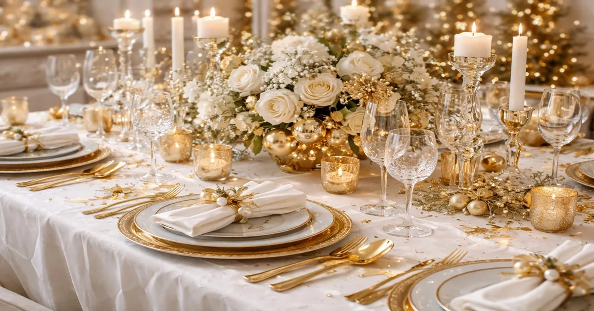 Mesa de ano novo em branco e prata com estética moderna