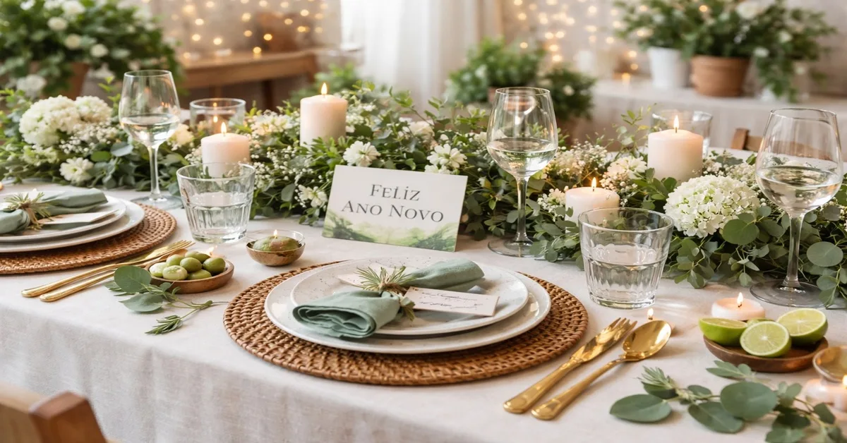 Verde e branco para uma mesa de ano novo natural e equilibrada