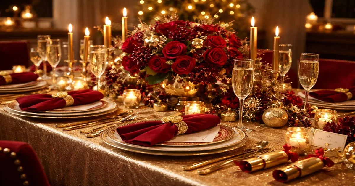 Vermelho e dourado para uma mesa de ano novo vibrante