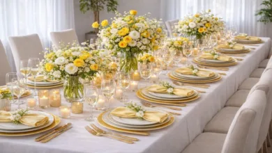 Flores amarelas na mesa de jantar