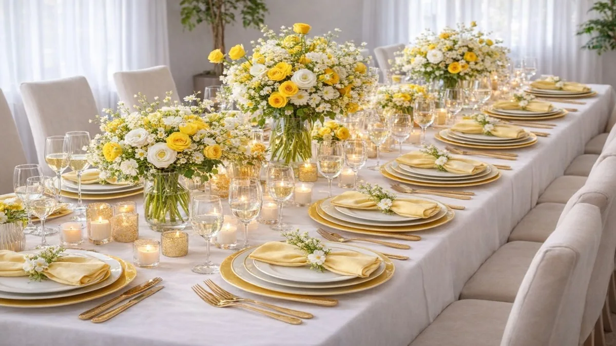 Flores amarelas na mesa de jantar